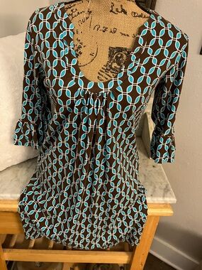 Tracy Negoshian Brown and Turquoise Geometric Midi Dress